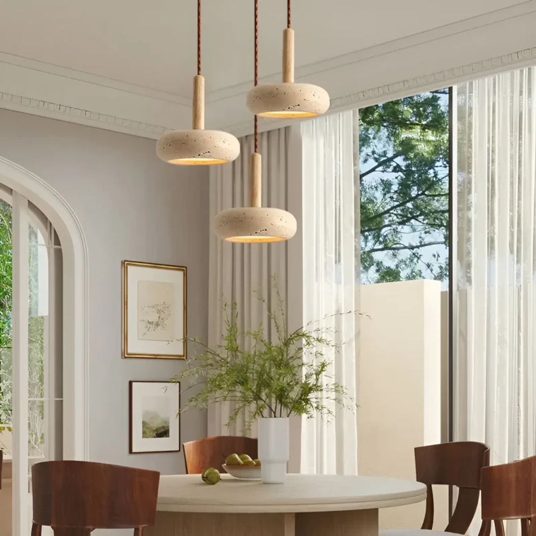 Retro Japanese Style LED Pendant Light - Adjustable Height Cave Stone & Wood Hanging Lamp - Ø 15cm, Cord up to 2m, Easy Installation