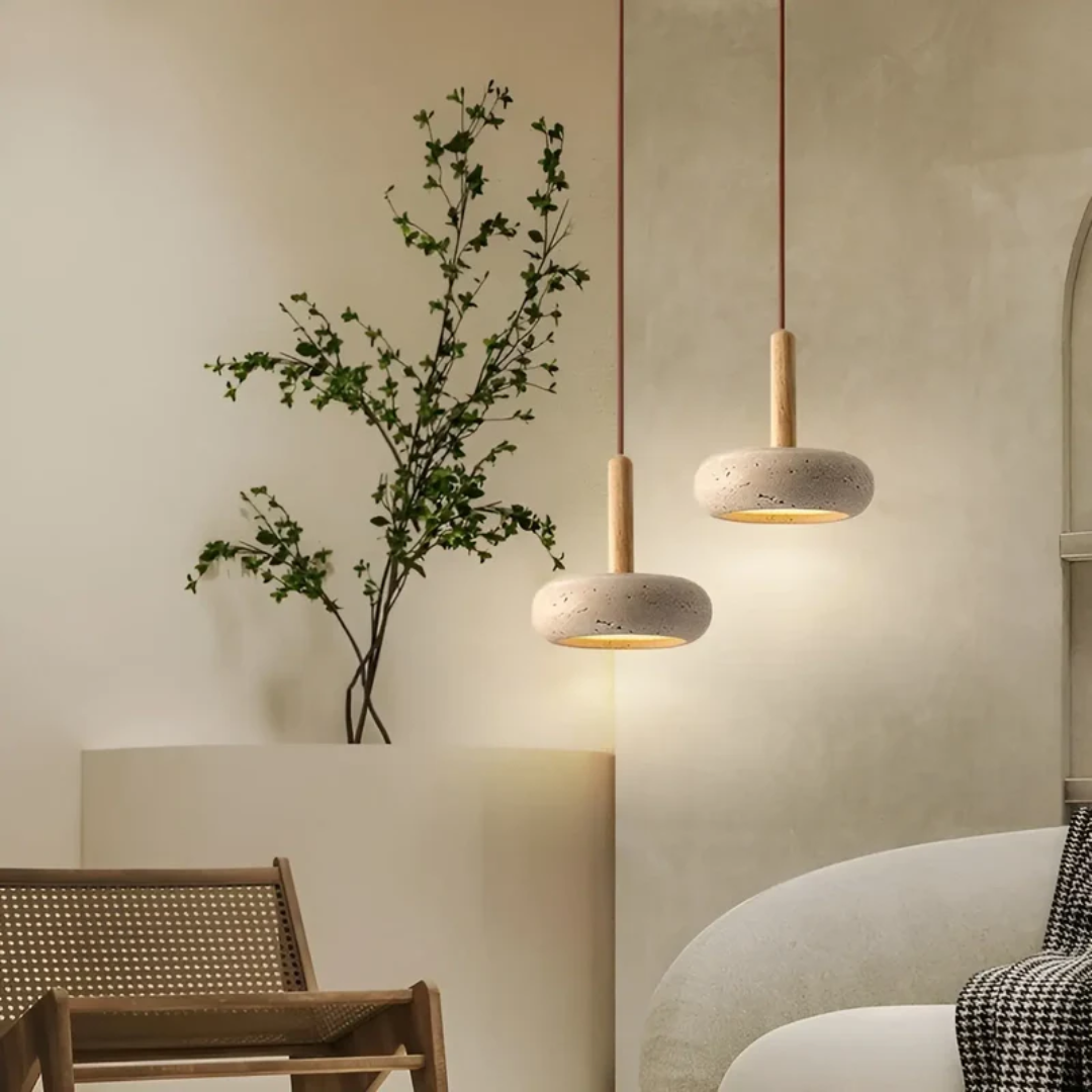 Retro Japanese Style LED Pendant Light - Adjustable Height Cave Stone & Wood Hanging Lamp - Ø 15cm, Cord up to 2m, Easy Installation