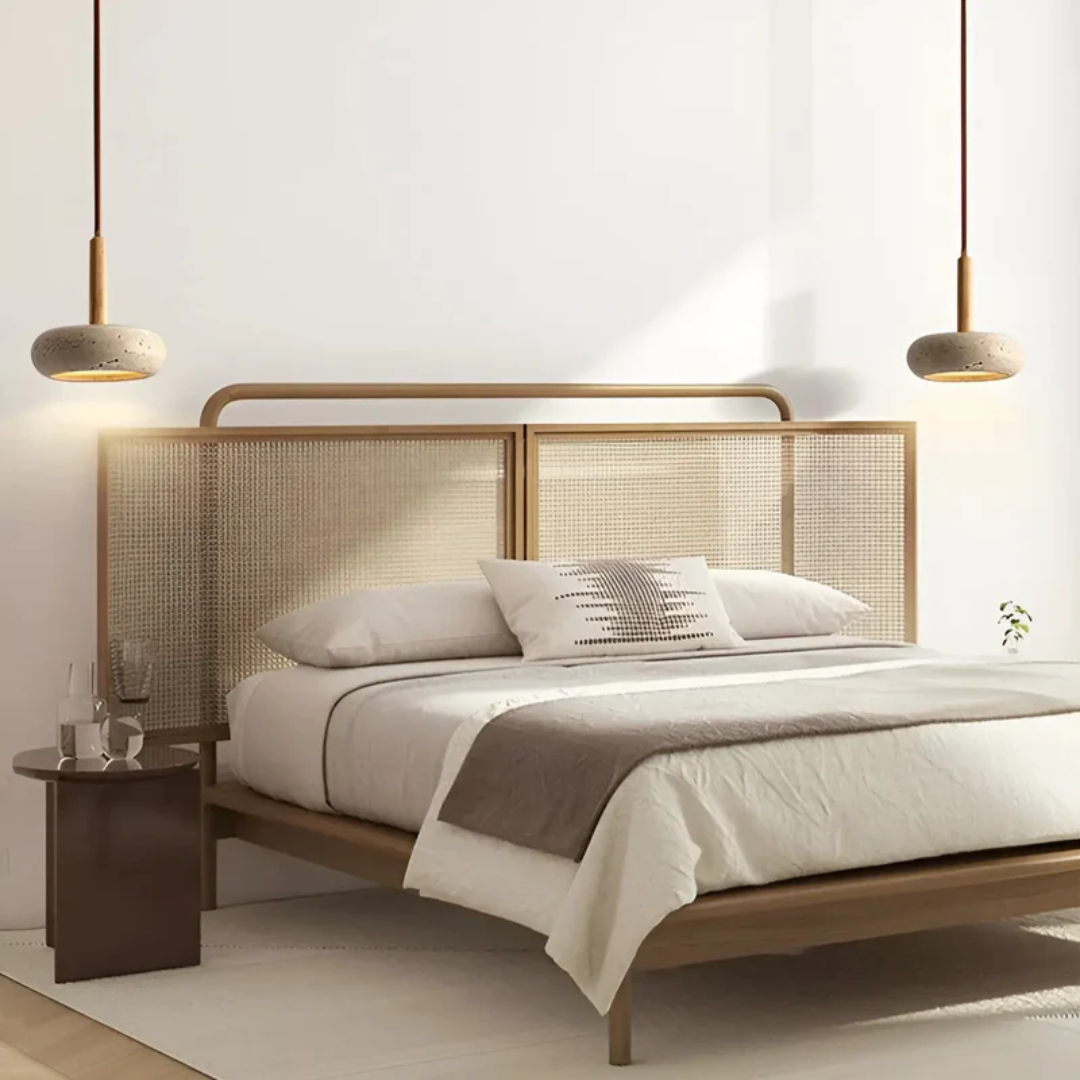 Retro Japanese Style LED Pendant Light - Adjustable Height Cave Stone & Wood Hanging Lamp - Ø 15cm, Cord up to 2m, Easy Installation