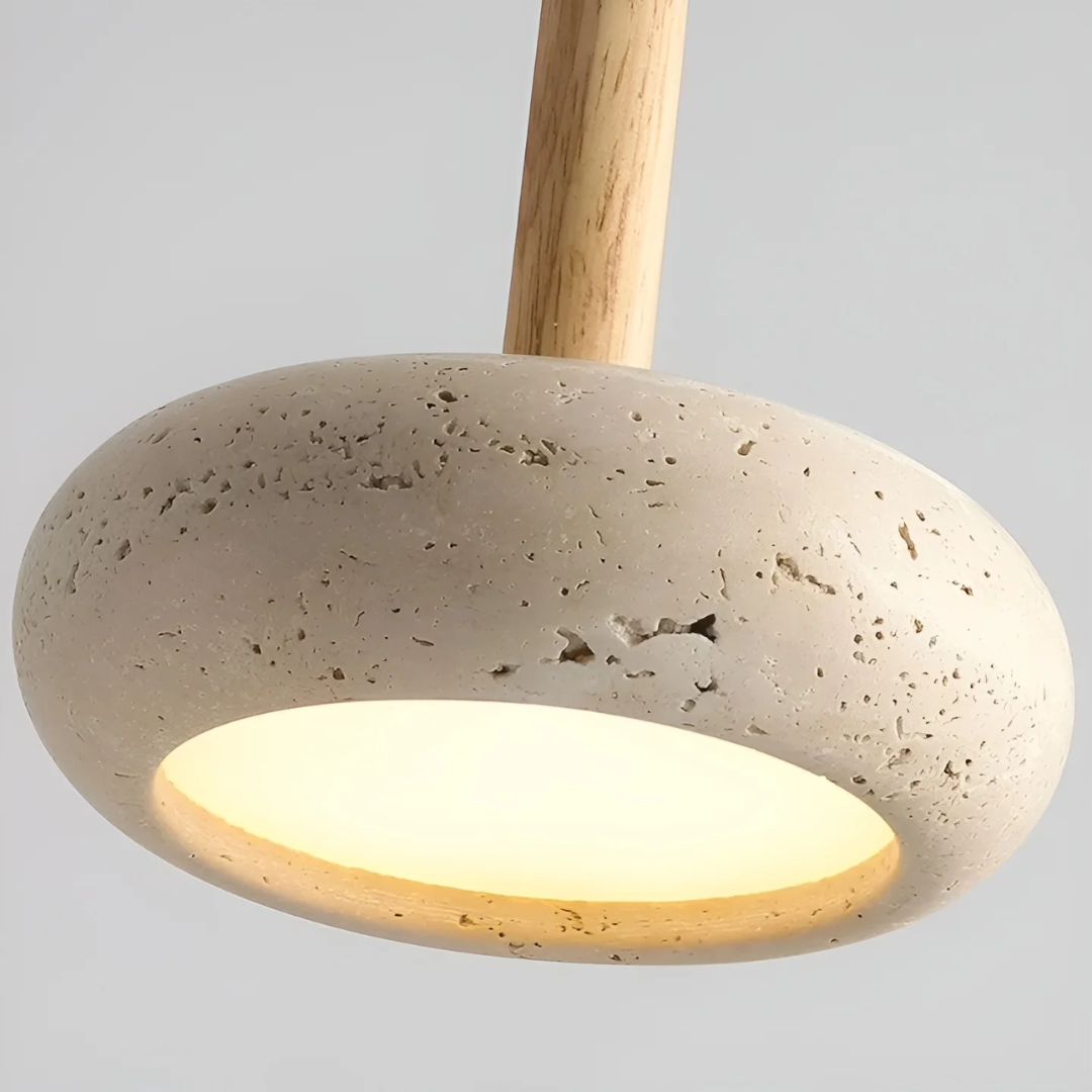 Retro Japanese Style LED Pendant Light - Adjustable Height Cave Stone & Wood Hanging Lamp - Ø 15cm, Cord up to 2m, Easy Installation