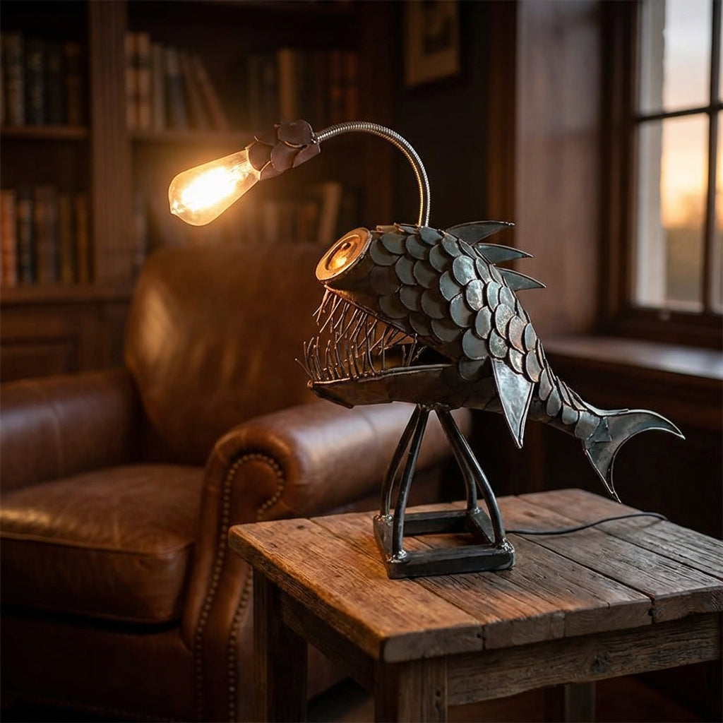 Retro Table Lamp with Sculptural Fish Silhouette and Adjustable Shade for Living Rooms and Desks