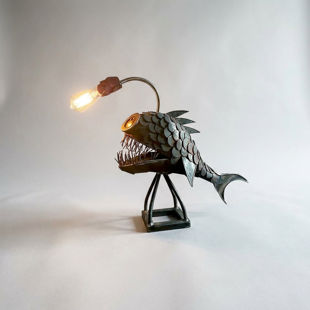 Retro Table Lamp with Sculptural Fish Silhouette and Adjustable Shade for Living Rooms and Desks