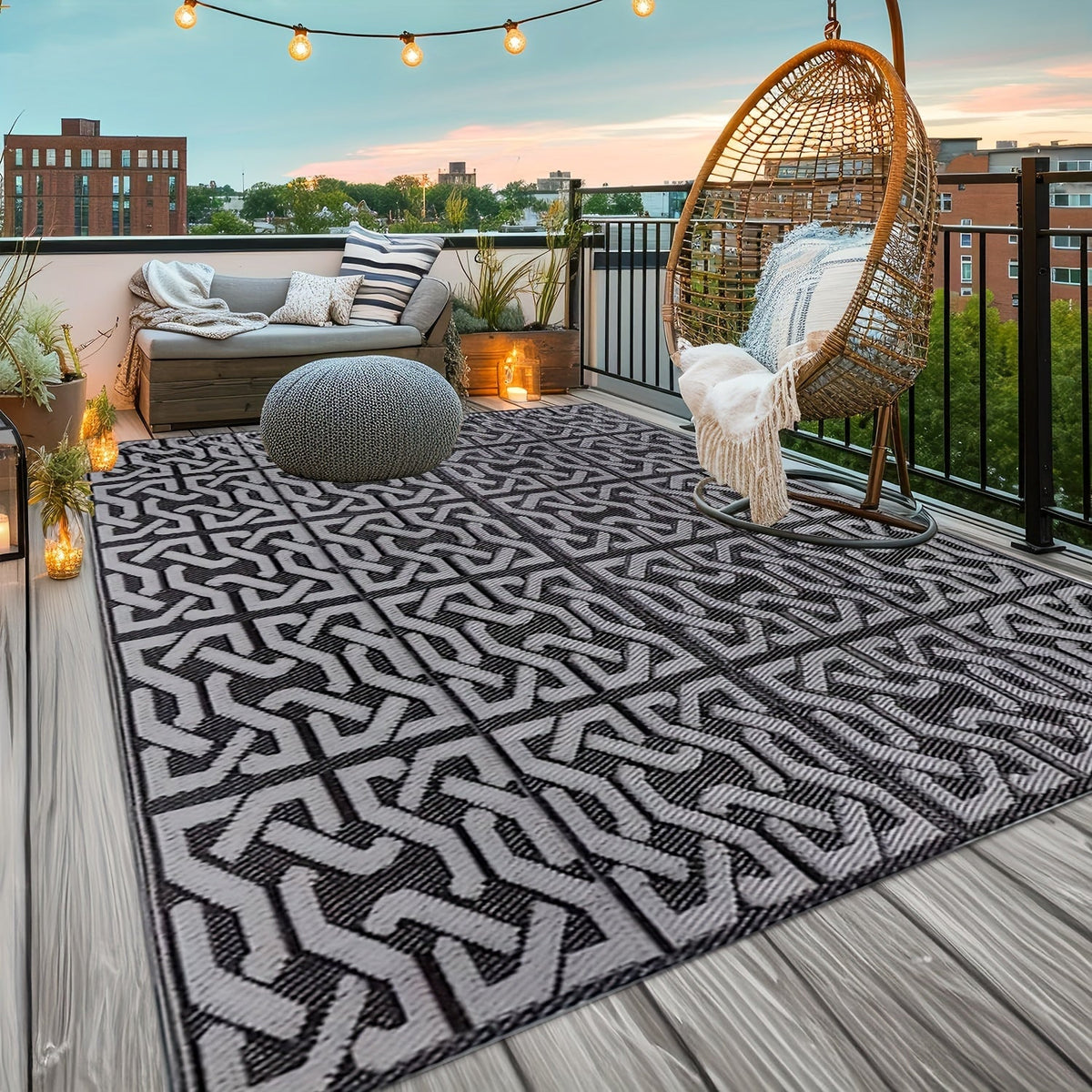 Reversible Polypropylene Outdoor Rug - Black & Grey - Patio & Garden