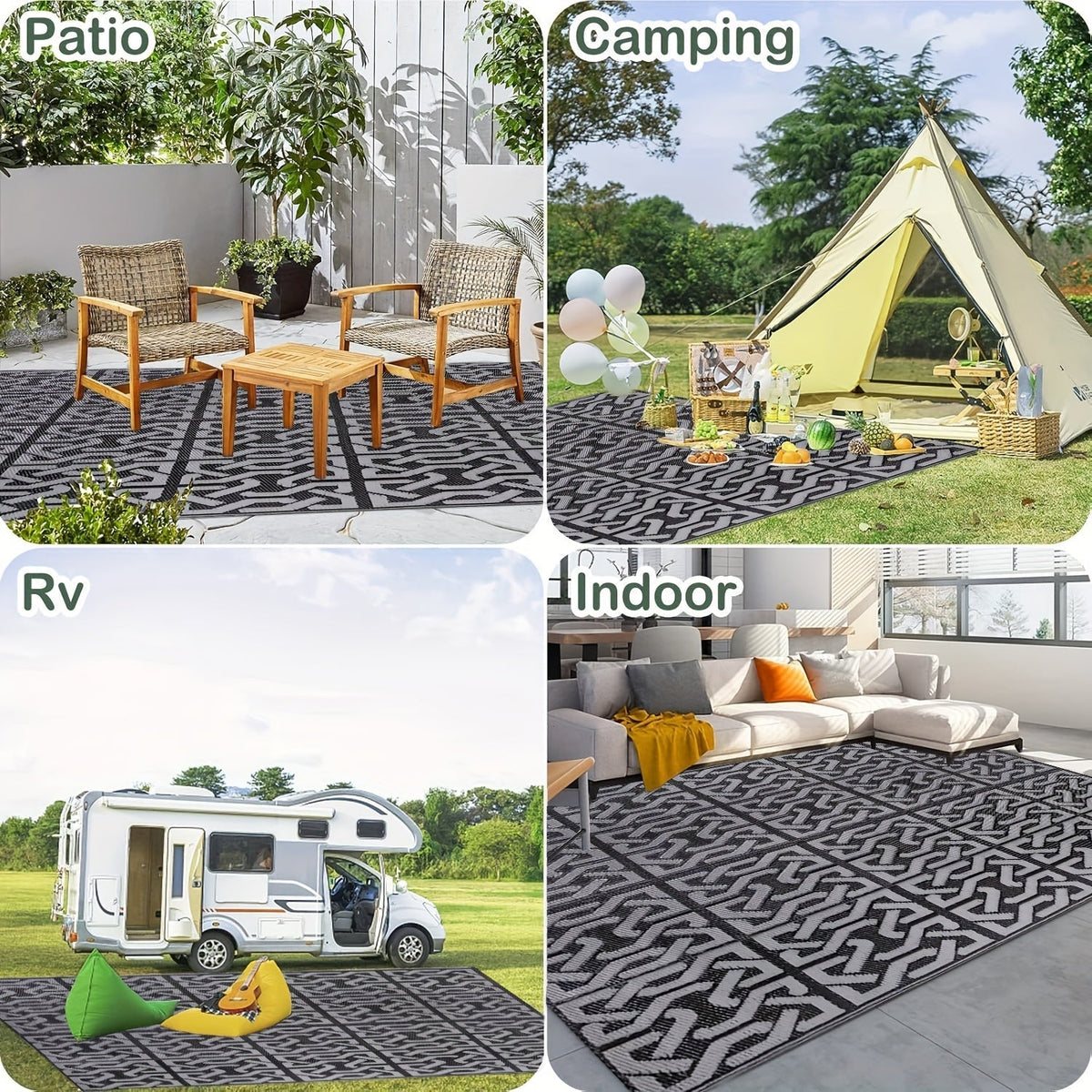 Reversible Polypropylene Outdoor Rug - Black & Grey - Patio & Garden