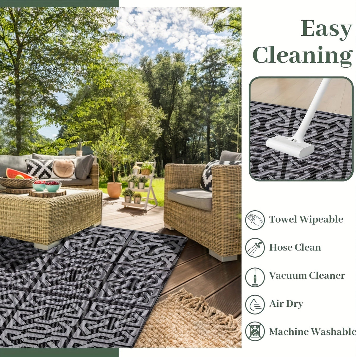 Reversible Polypropylene Outdoor Rug - Black & Grey - Patio & Garden
