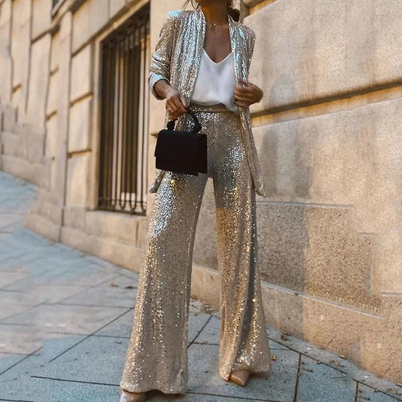 Sequin Two-Piece Set with High-Waisted Trousers