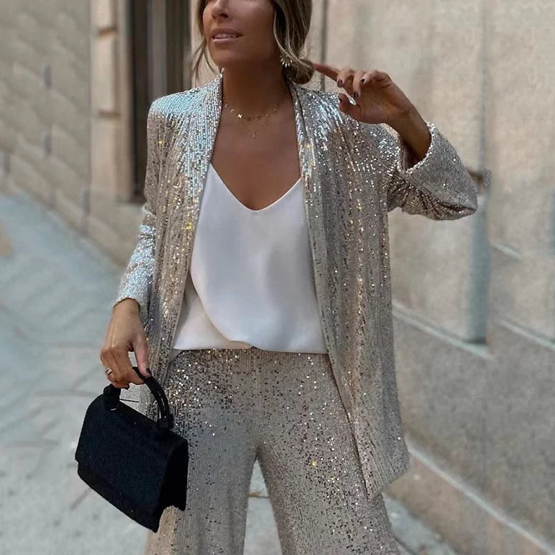Sequin Two-Piece Set with High-Waisted Trousers