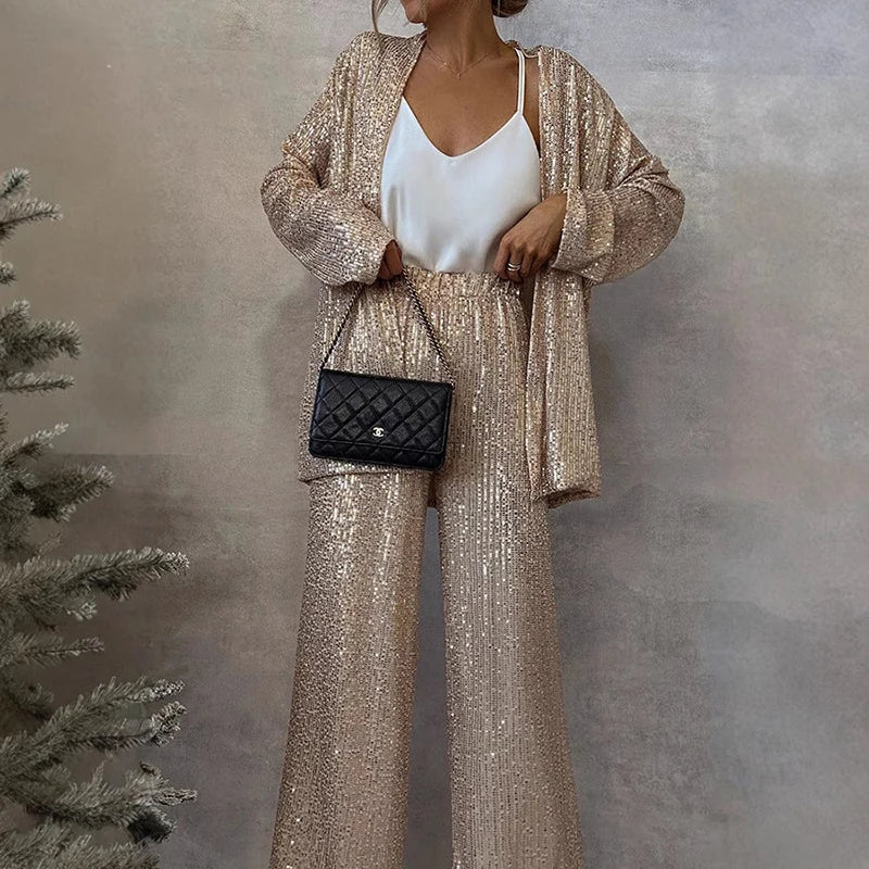 Sequin Two-Piece Set with High-Waisted Trousers