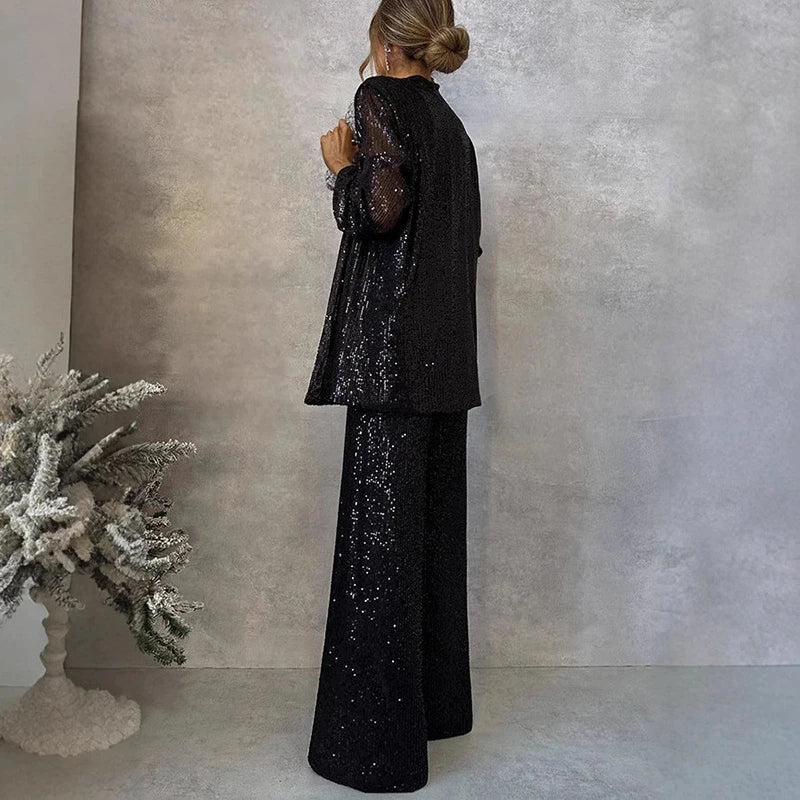 Sequin Two-Piece Set with High-Waisted Trousers