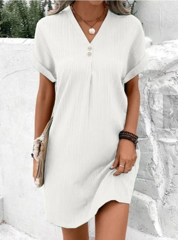Short-Sleeve Dress with Buttons and V-Neck Detail