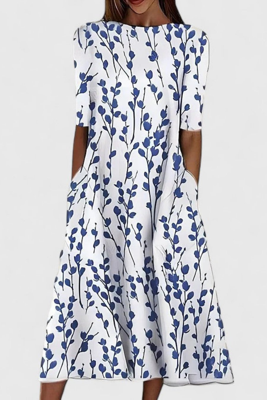 Short-Sleeve Round Neck A-Line Midi Dress with Pockets