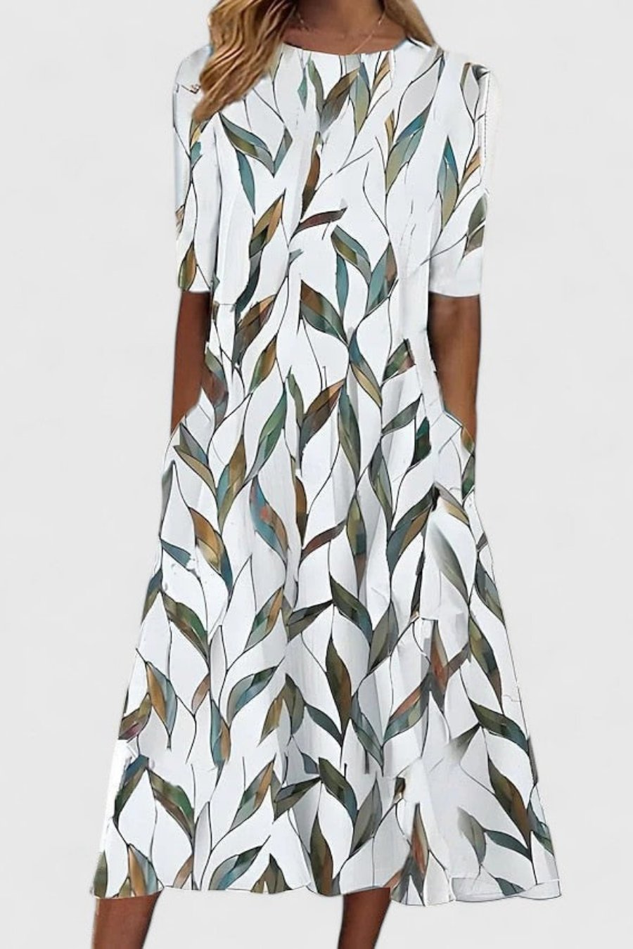 Short-Sleeve Round Neck A-Line Midi Dress with Pockets
