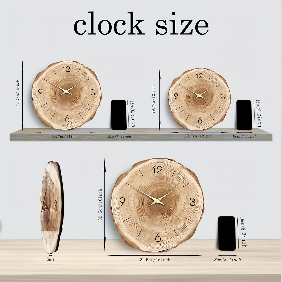 Silent Wooden Wall Clock with Realistic Texture