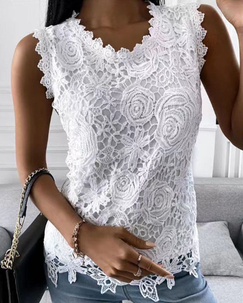 Solid Color Blouse with Lace Detail - Elara