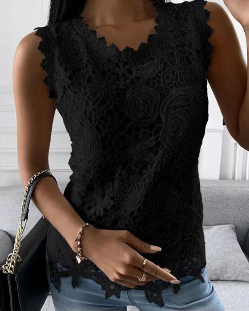 Solid Color Blouse with Lace Detail - Elara
