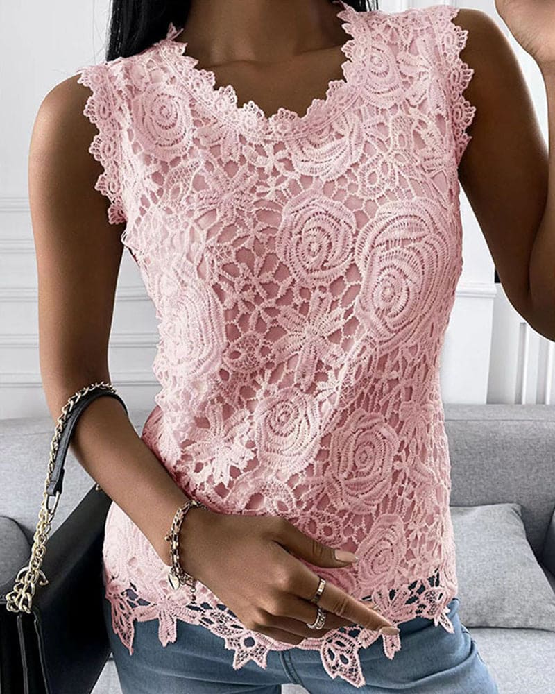Solid Color Blouse with Lace Detail - Elara