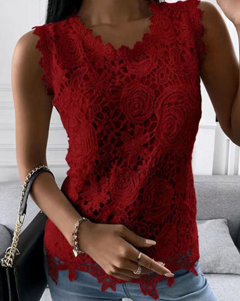 Solid Color Blouse with Lace Detail - Elara