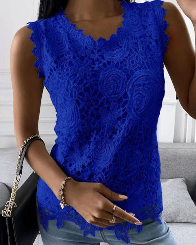 Solid Color Blouse with Lace Detail - Elara
