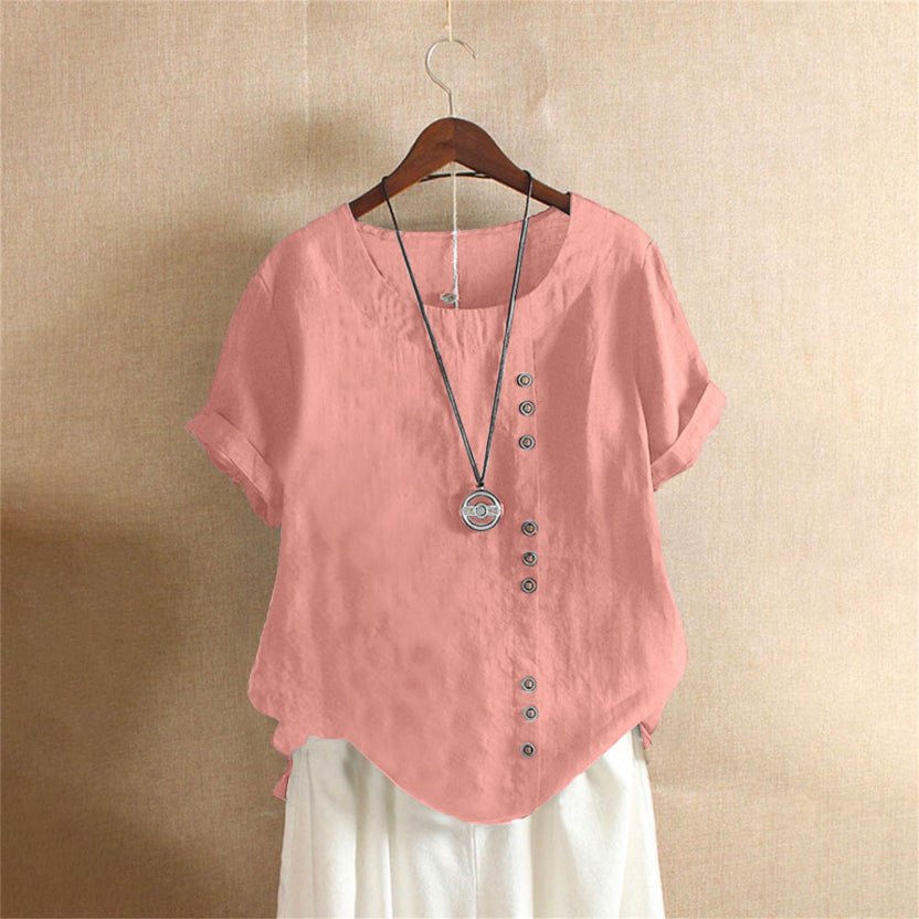 Solid Short-Sleeve Round Neck Blouse