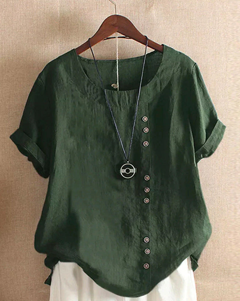 Solid Short-Sleeve Round Neck Blouse