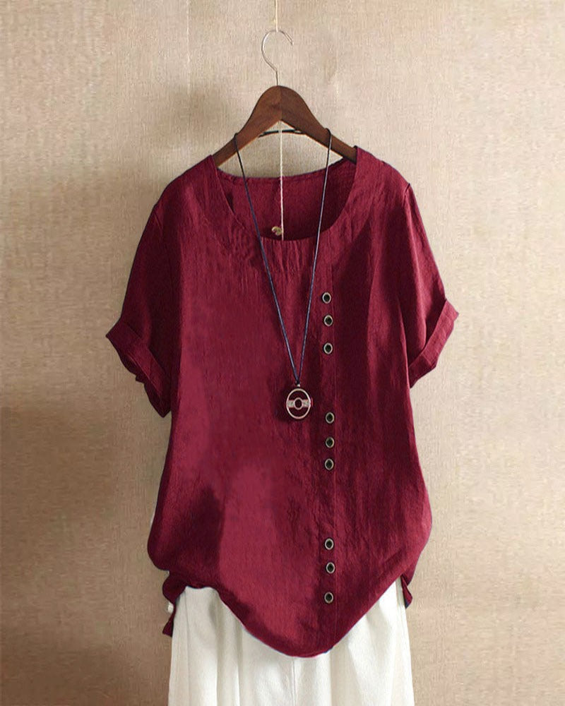 Solid Short-Sleeve Round Neck Blouse