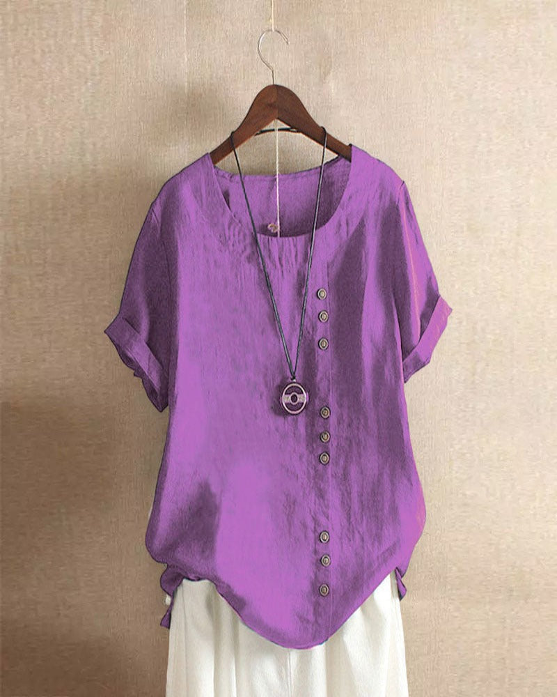 Solid Short-Sleeve Round Neck Blouse