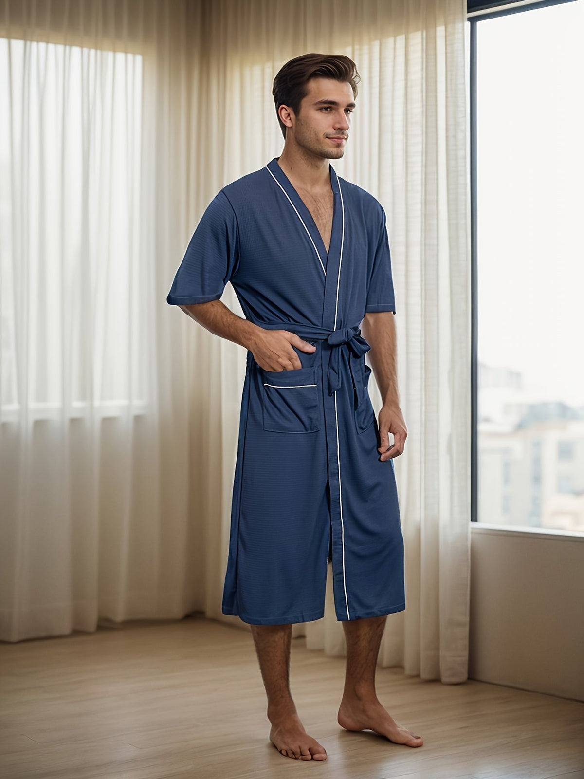 Stylish Men's Bathrobe - Short Sleeves & Dual Pockets