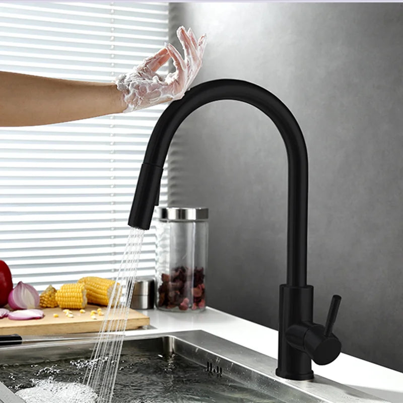 Touchless Pull-Out Kitchen Mixer Tap with Sensor and Flexible Spout – Modern Brass Faucet