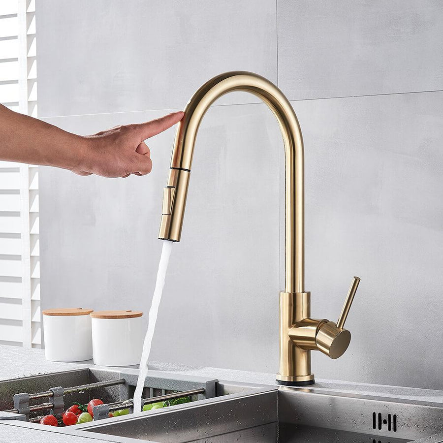 Touchless Pull-Out Kitchen Mixer Tap with Sensor and Flexible Spout – Modern Brass Faucet