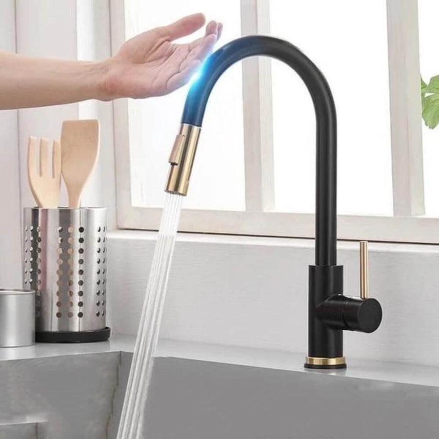 Touchless Pull-Out Kitchen Mixer Tap with Sensor and Flexible Spout – Modern Brass Faucet