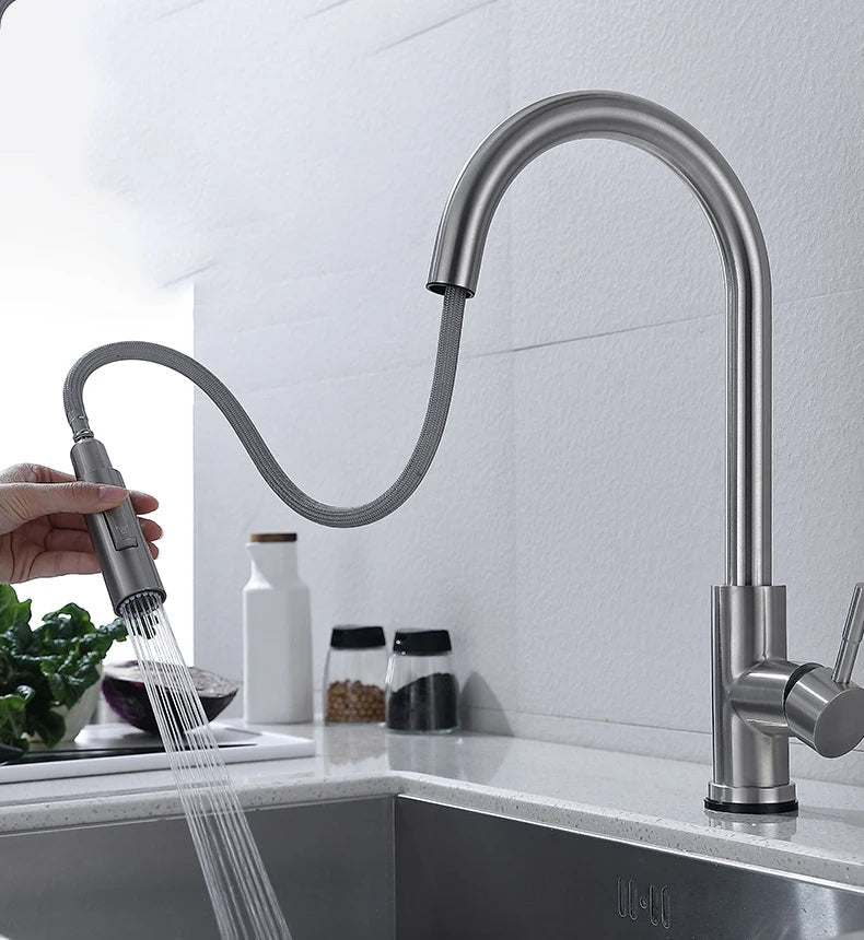 Touchless Pull-Out Kitchen Mixer Tap with Sensor and Flexible Spout – Modern Brass Faucet