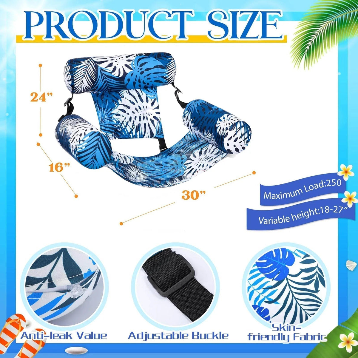 Tropical Print Inflatable Pool Lounger with Adjustable Backrest