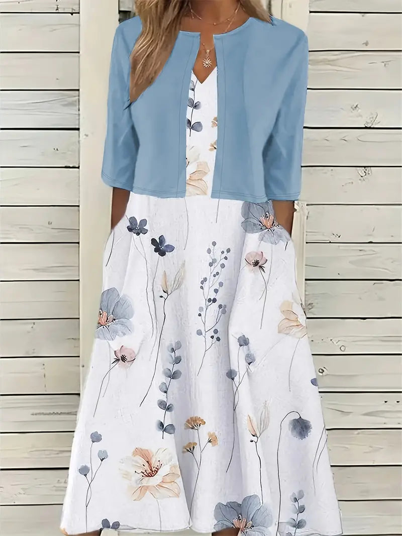 Two-Piece Floral Dress Set with Solid Crop Top and Round-Neck Dress