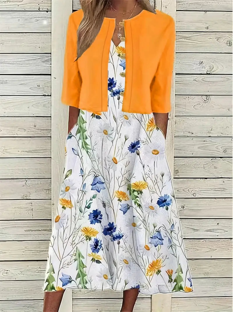 Two-Piece Floral Dress Set with Solid Crop Top and Round-Neck Dress