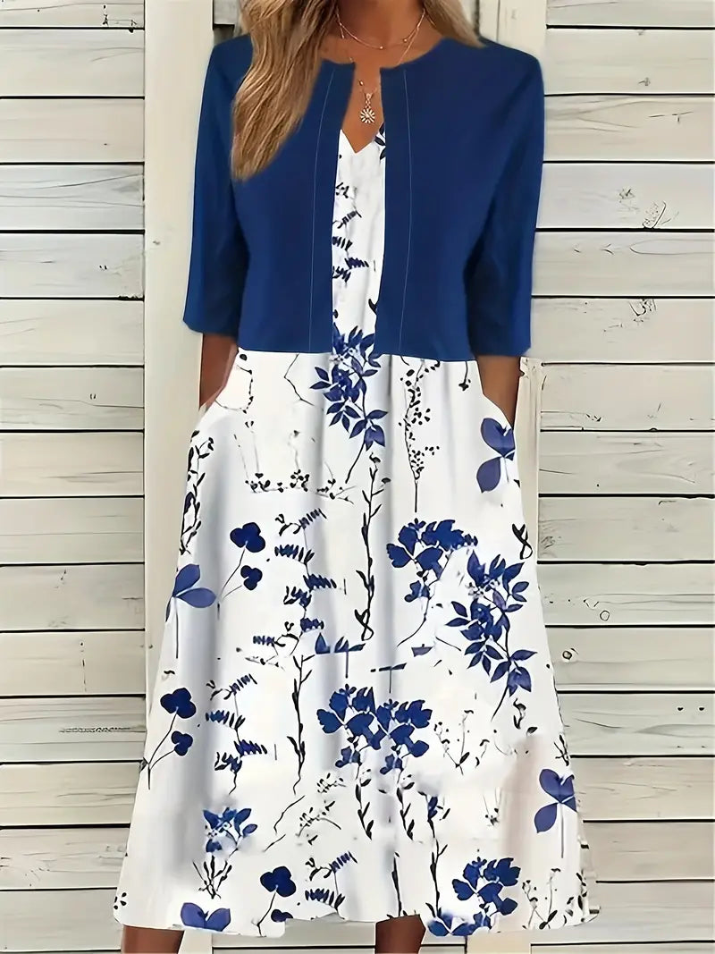 Two-Piece Floral Dress Set with Solid Crop Top and Round-Neck Dress
