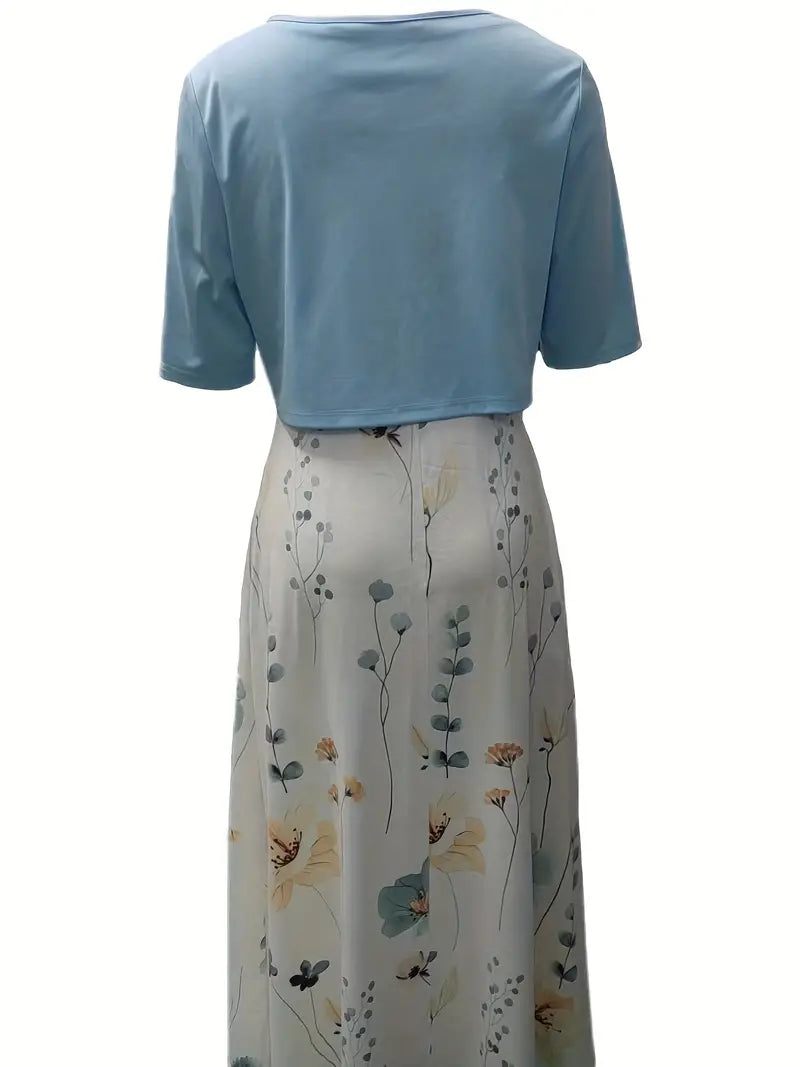 Two-Piece Floral Dress Set with Solid Crop Top and Round-Neck Dress