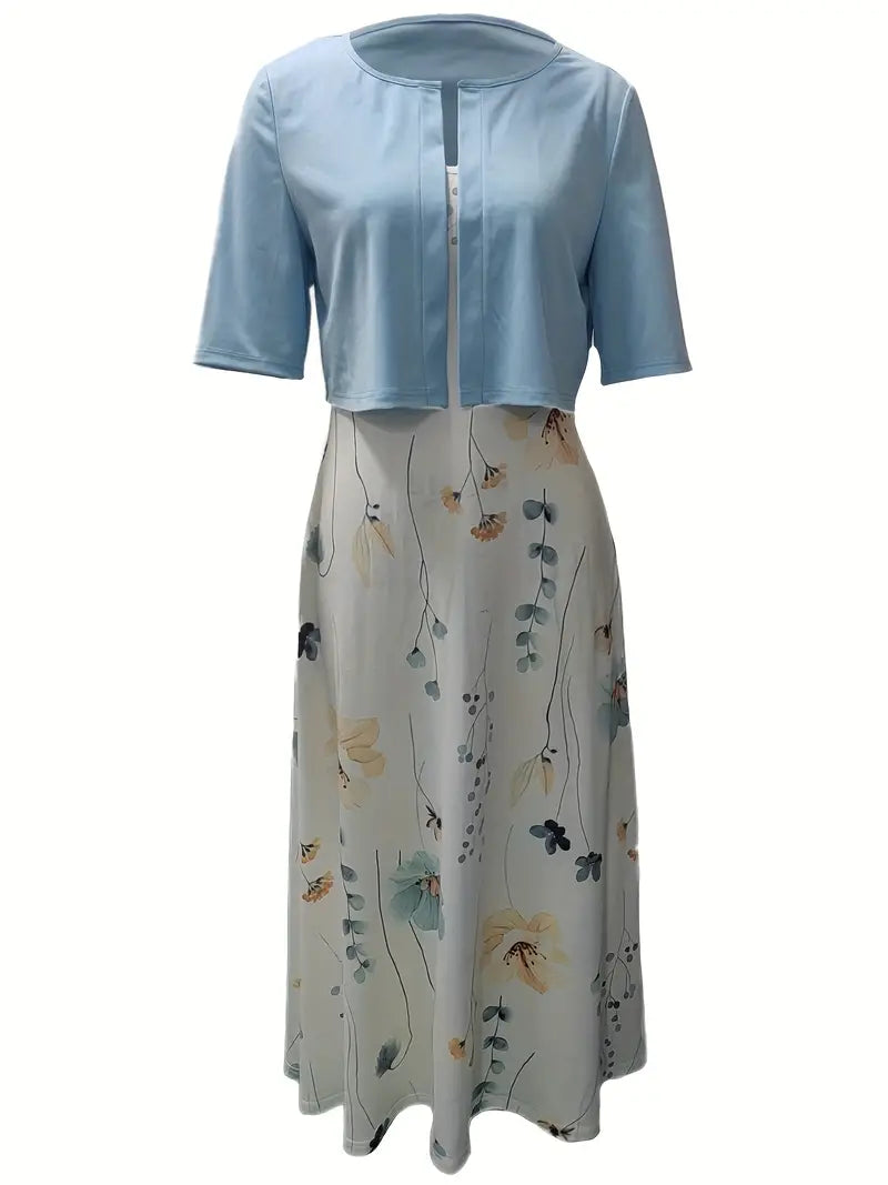 Two-Piece Floral Dress Set with Solid Crop Top and Round-Neck Dress