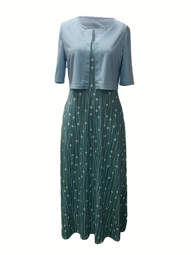 Two-Piece Floral Dress Set with Solid Crop Top and Round-Neck Dress