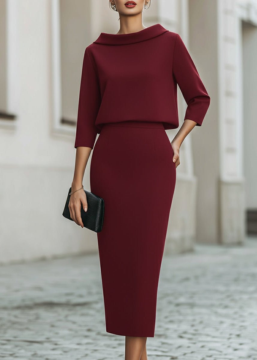 Two-Piece Set with Boat Neck 3/4-Sleeve Top and Midi Skirt