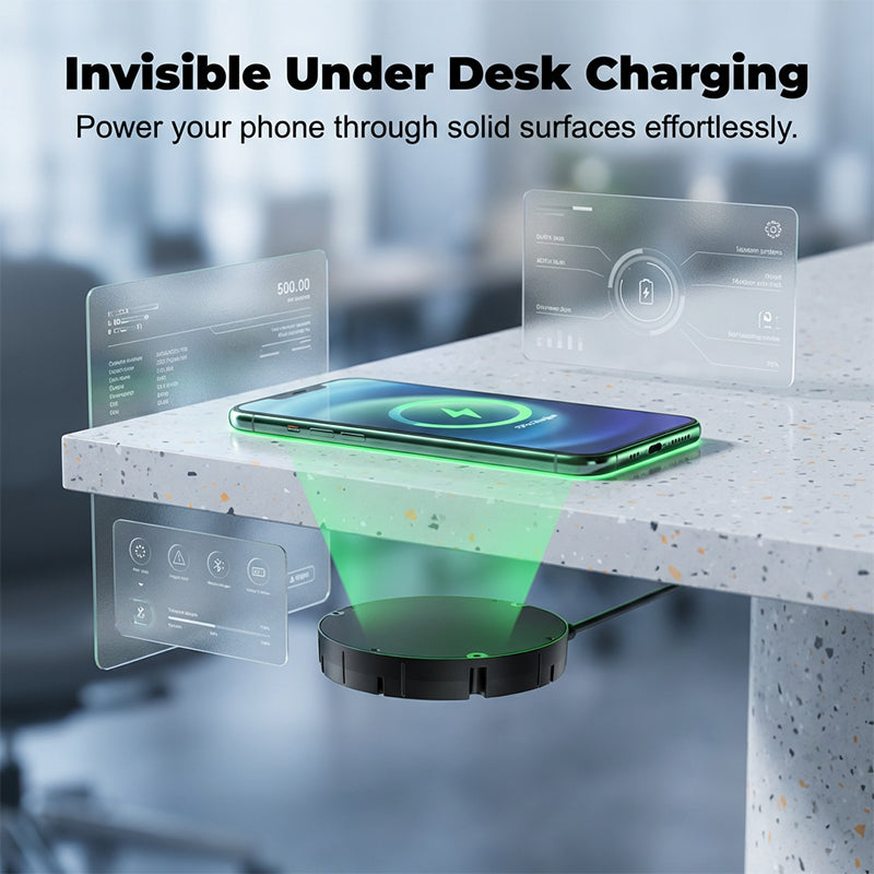 Under-Desk Wireless Charging Station with Invisible Mount - Charges Through Wood and Stone