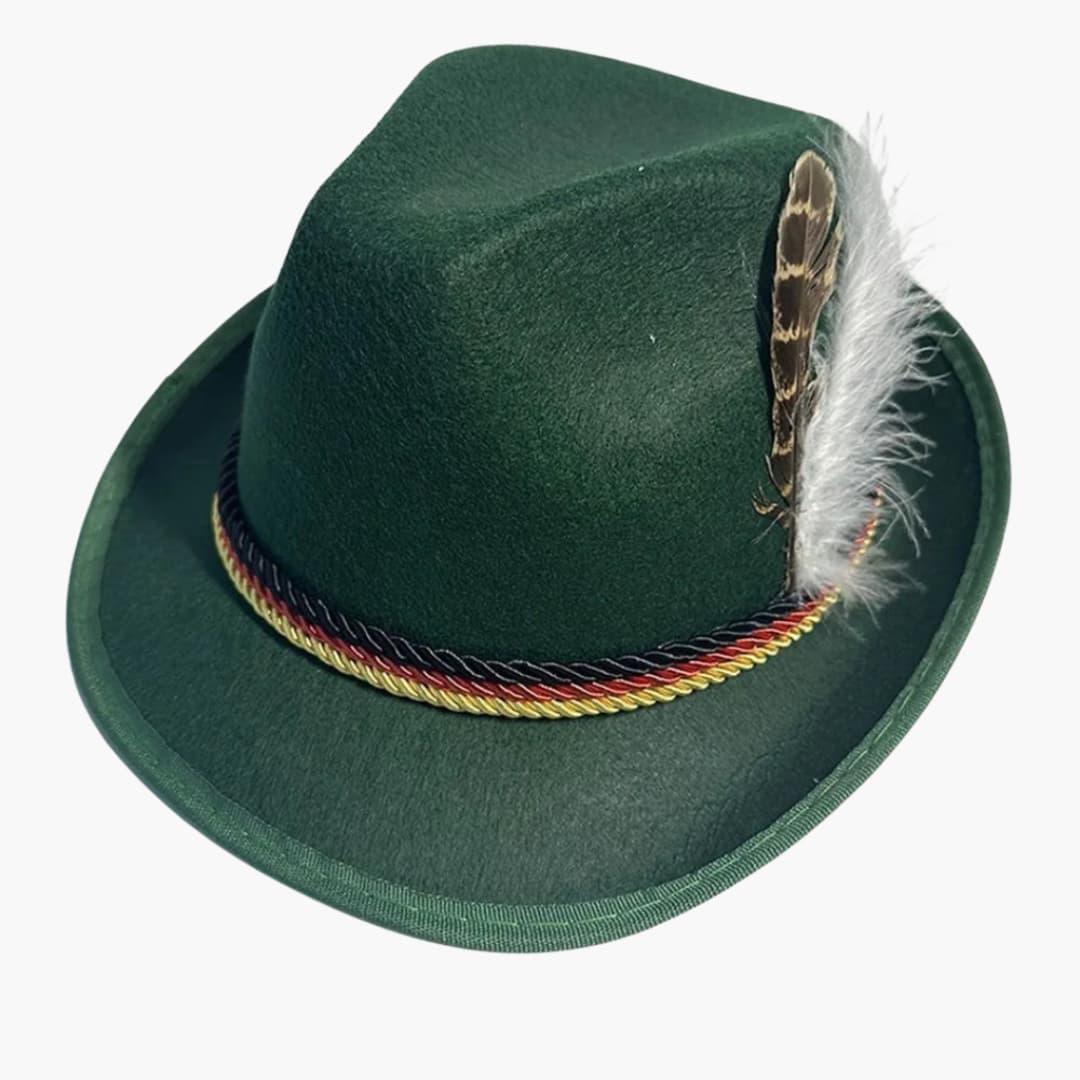 Unisex Bavarian Hat with Feather and Braided Cord