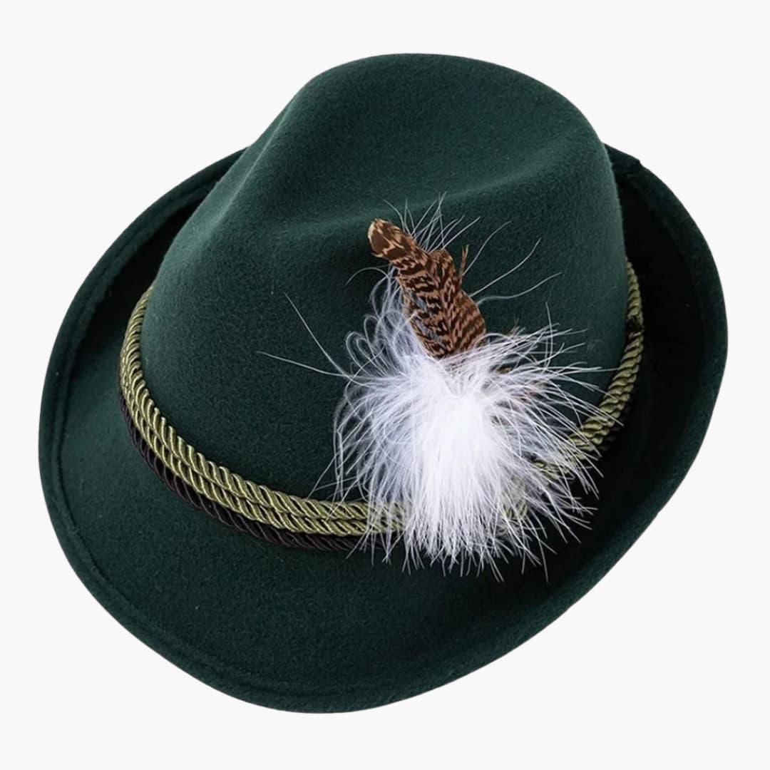 Unisex Bavarian Hat with Feather and Braided Cord