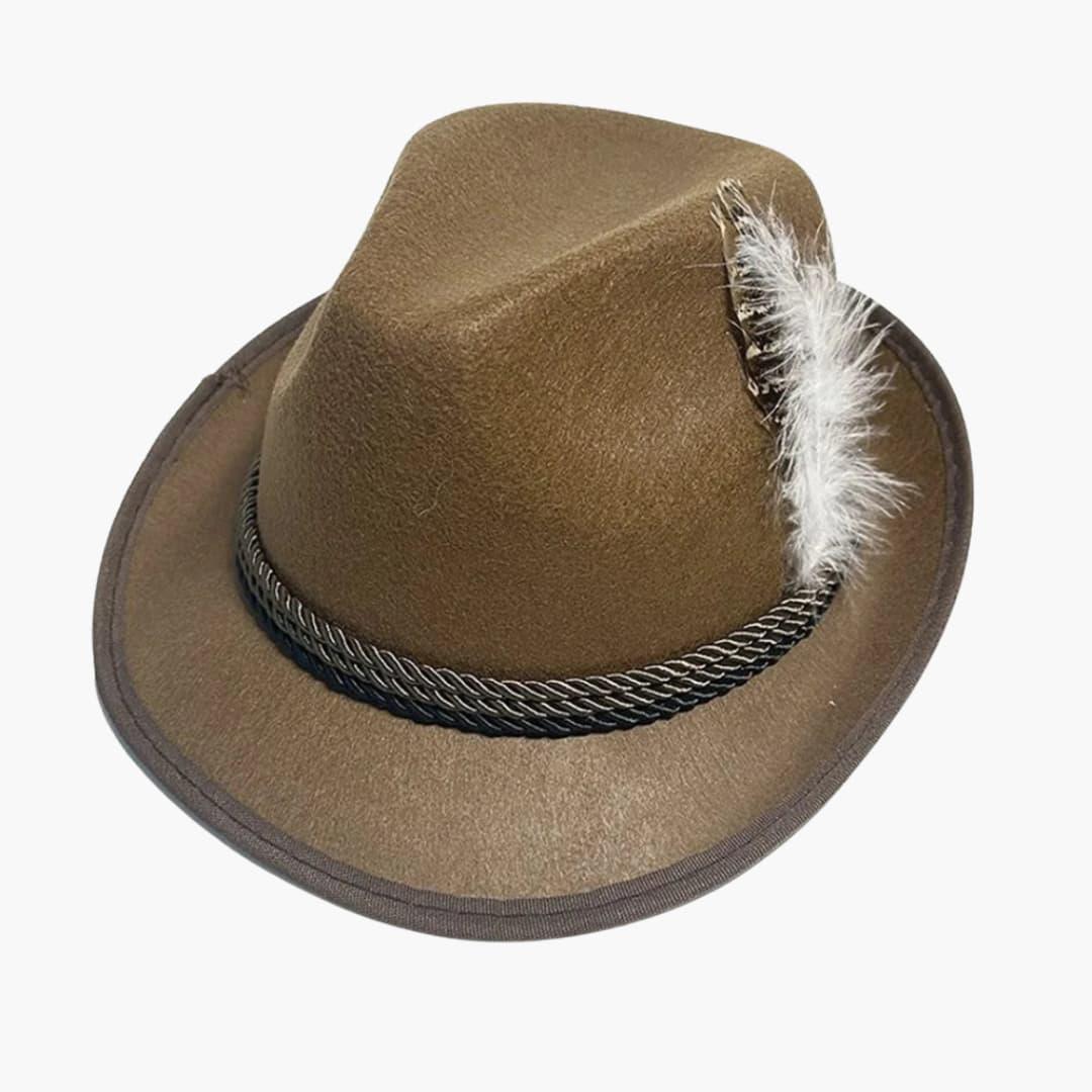 Unisex Bavarian Hat with Feather and Braided Cord