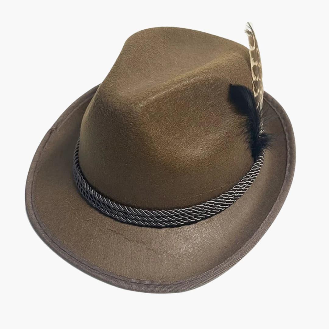 Unisex Bavarian Hat with Feather and Braided Cord