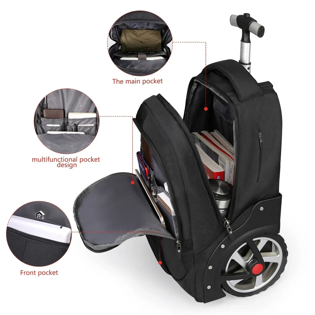 Unisex Rolling Laptop Backpack - 3-in-1 Travel Carry-On Bag