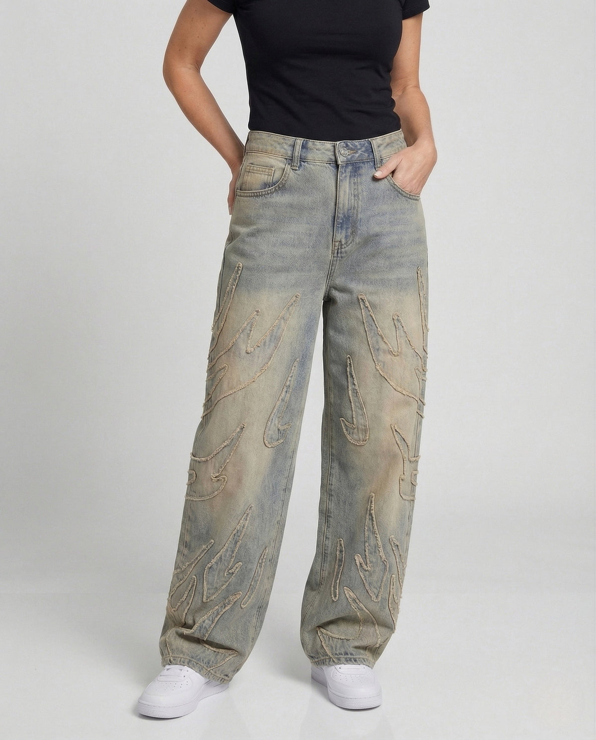 Unisex Wide-Leg Distressed Jeans with Cutouts and Fringes