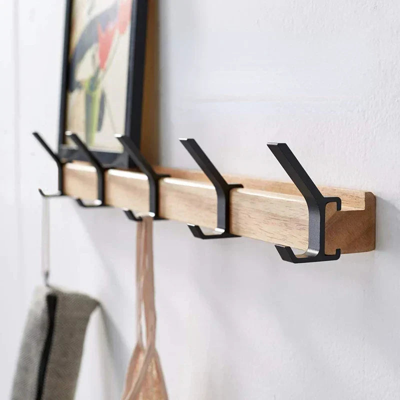 Wall-Mounted Coat Rack with Movable Hooks – Scandinavian Design in Wood and Metal