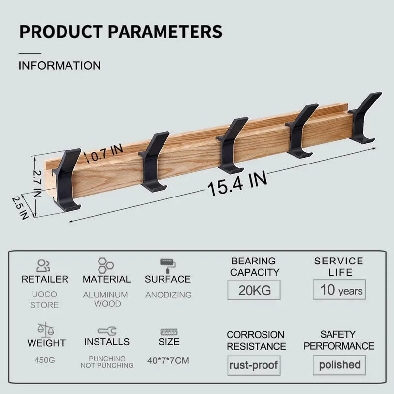 Wall-Mounted Coat Rack with Movable Hooks – Scandinavian Design in Wood and Metal