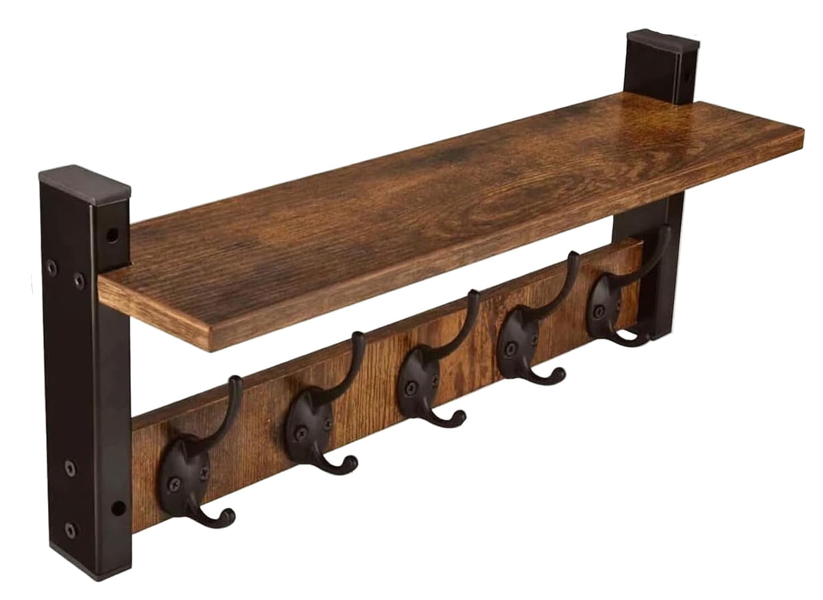 Wall-Mounted Coat Rack with Shelf and 5 Metal Hooks - Ravora