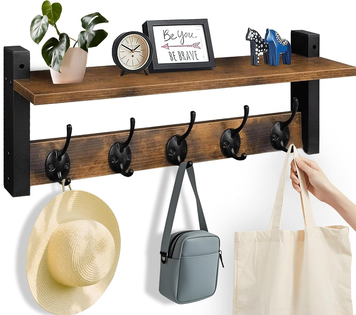 Wall-Mounted Coat Rack with Shelf and 5 Metal Hooks - Ravora